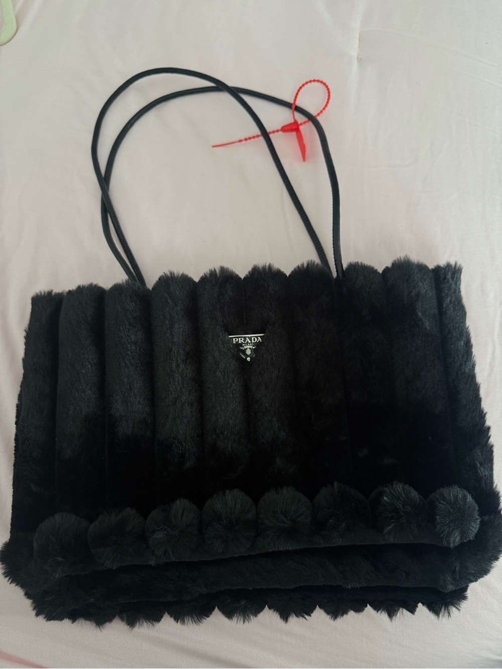 Prada Black Faux-Fur Tote with Pom Trim